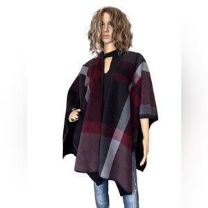 Ike Behar Women's Plaid Poncho - Black and Burgundy One Size